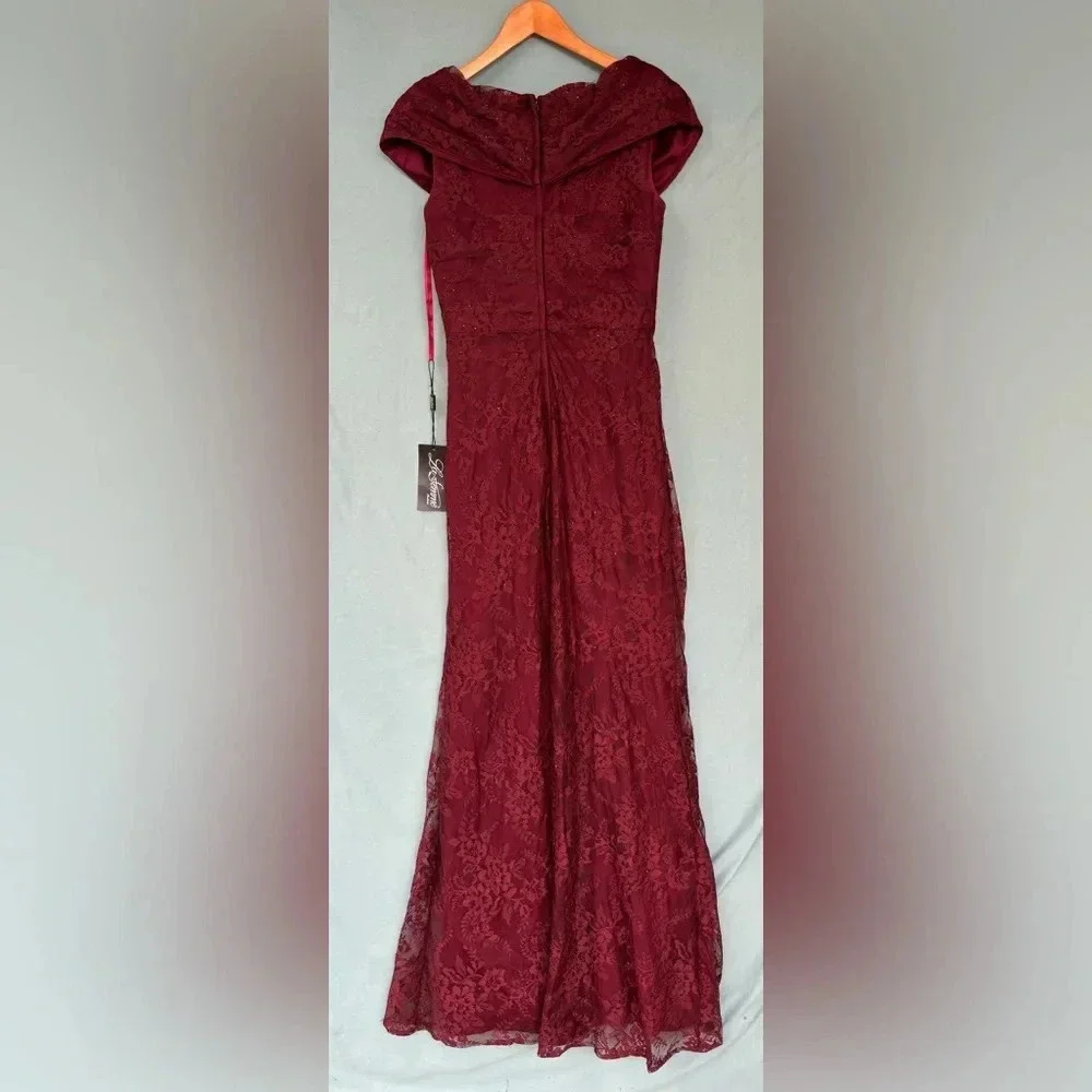 NWT La Femme sz 6 27982 Portrait Neck Lace Gown Burgundy Red Pleat Long Formal - Picture 6 of 9